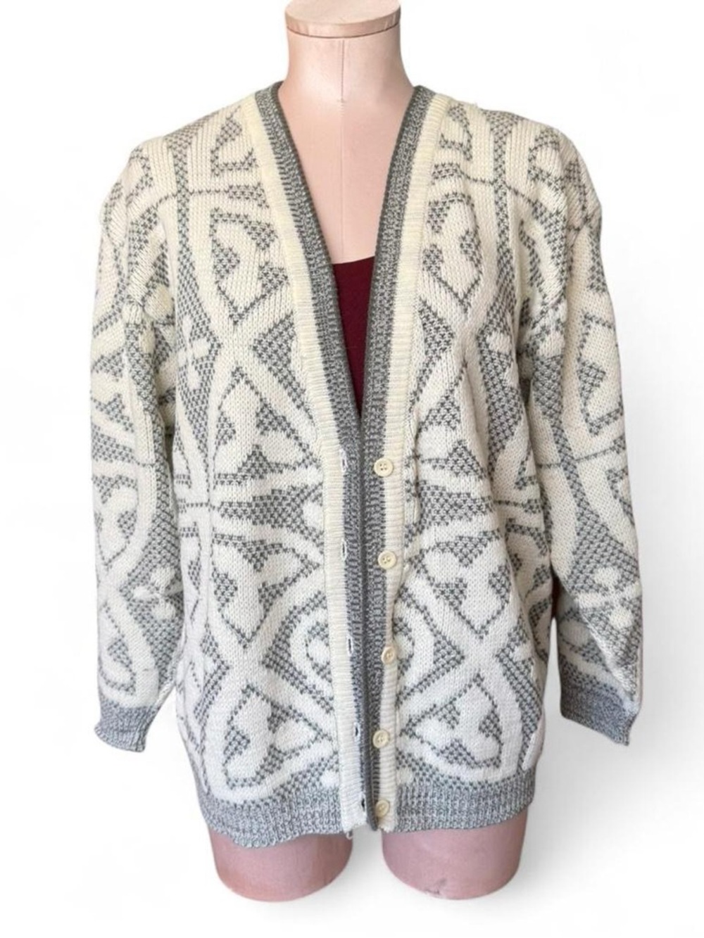 90s Gray & White Knit Patterned Grandpa Cardigan Sweater